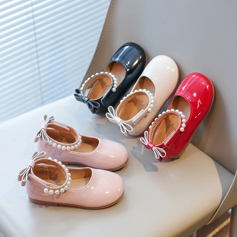 Spring Girl's Mary Janes Beading Ankle-strap New Children Princess Shoe Patent Leather Four Colors Round Toe Kids Flats 23-35
