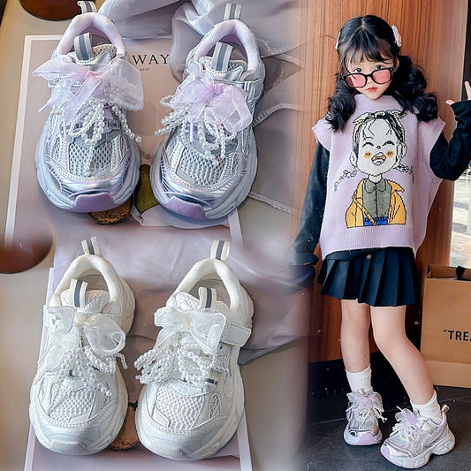 3-18 Years Old Girls Sneakers Four Seasons Beige Bow Mesh Girls Tennis Shoes Pink Soft Bottom Non-slip Children's Single Shoes