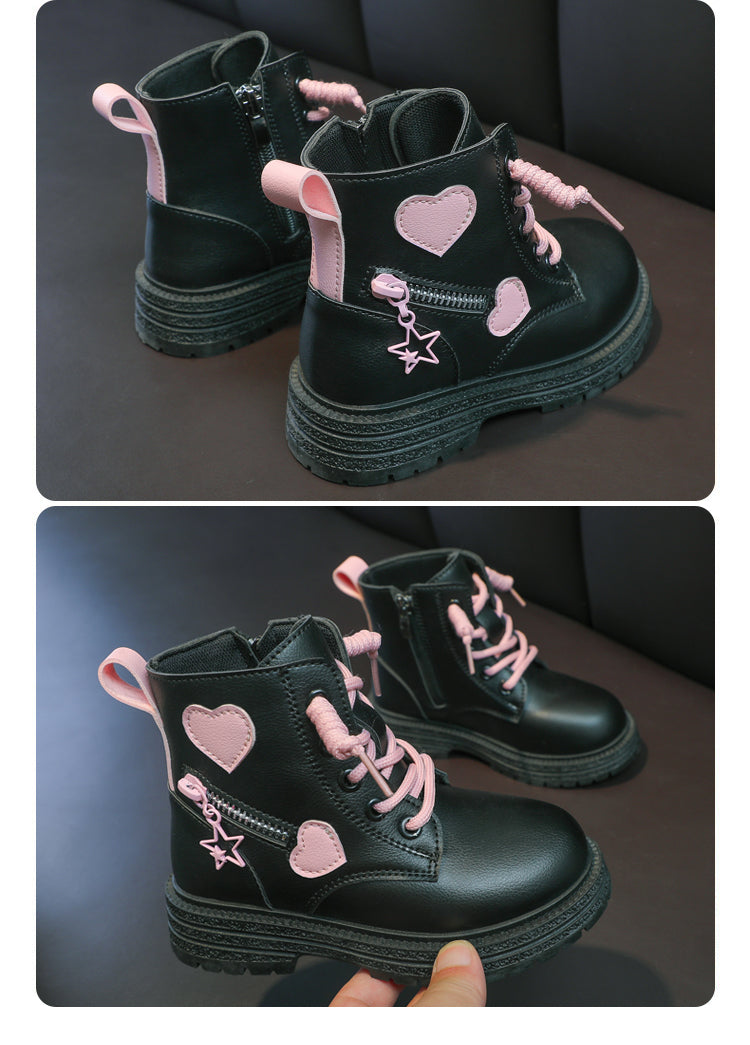 Girls' Fashion Rubber Boots – Autumn/Winter PU Round-Toe Boots with Soft Cotton Lining, Side Zip, and Heart Detail in Pink