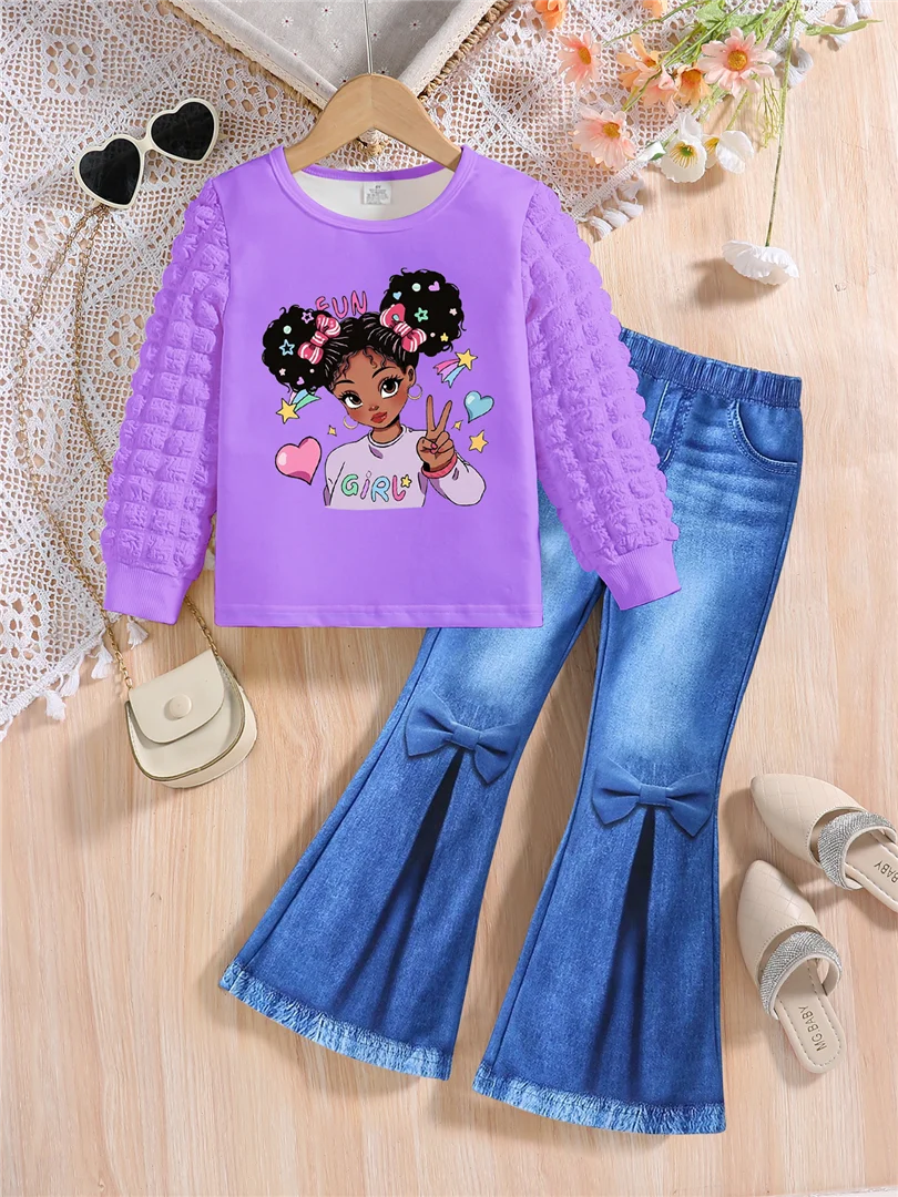Girls' Two-Piece Spring/Autumn Outfit – White Round Neck Long Sleeve Top with Cartoon Print and Solid Color Slim-Fit Pants