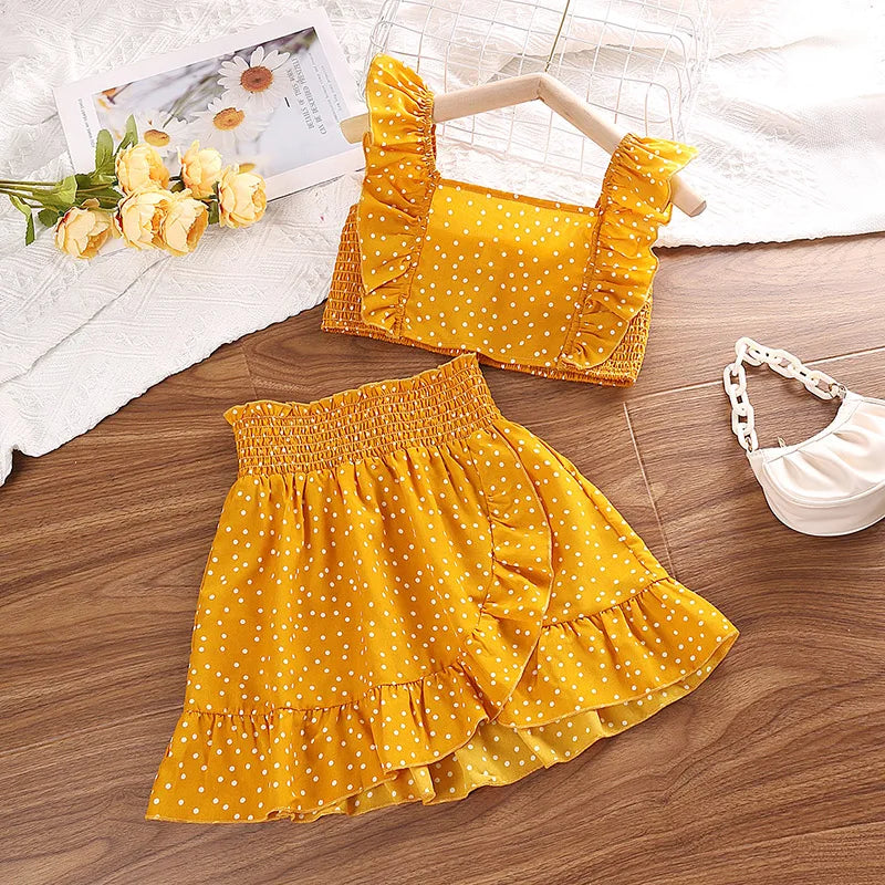 Girls' Clothing Set 5-12T Tri-Color Optional Flying Sleeve Square Collar Vest Top + Lace Skirts  Children Girls Baby Clothes Set