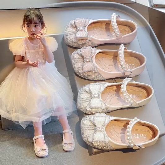 New Girl Sandals Cute Bow Pearl Sequins Kid Princess Shoes Flat Heels children Dancing Size 21-36