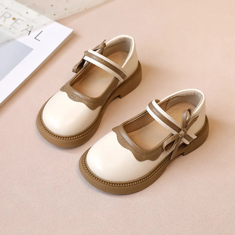 Autumn New Girl Leather Shoes Bowtie Black Beige School Causal Children Flat Elegant Round Toe Fashion Patchwork Kids Mary Janes
