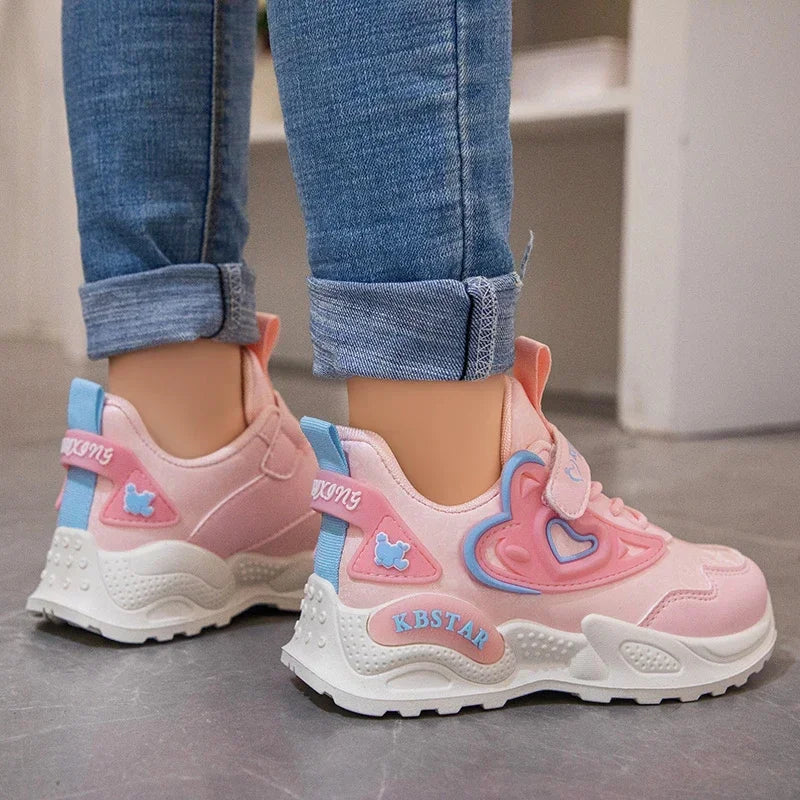 Kids Shoes for Girls Casual Sneakers with Heart Love Decoration High Quality Soft Breathable Children Sports Running Shoes 26-37