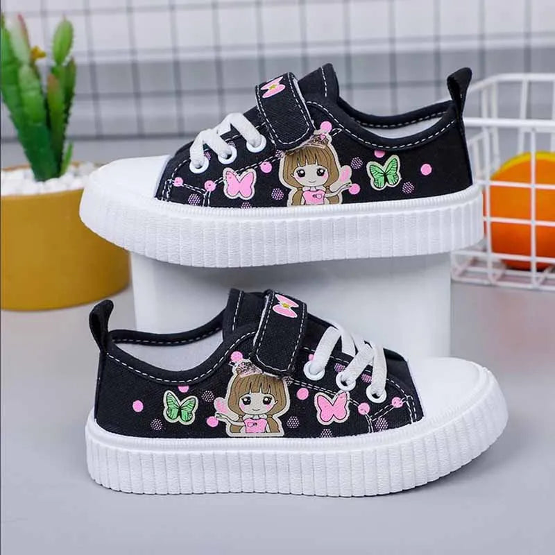Children's Cute Cartoon Canvas Shoes Girls' Flat Bottomed Casual Sports Shoes Students Lightweight Running Board Shoes Sneakers