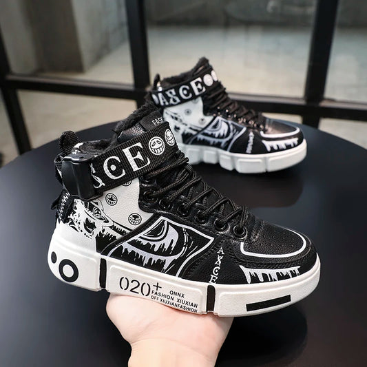 Boys' shoes Cotton shoes Winter 2025 new fleece thickened children's sports shoes large children high top board shoes