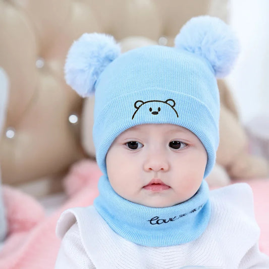 2pcs Winter Baby Hat Scarf Set Toddler Girl Boy Cap Knitted Beanie Fur Ball Cartoon Bear Snow Outfit Infant Accessories