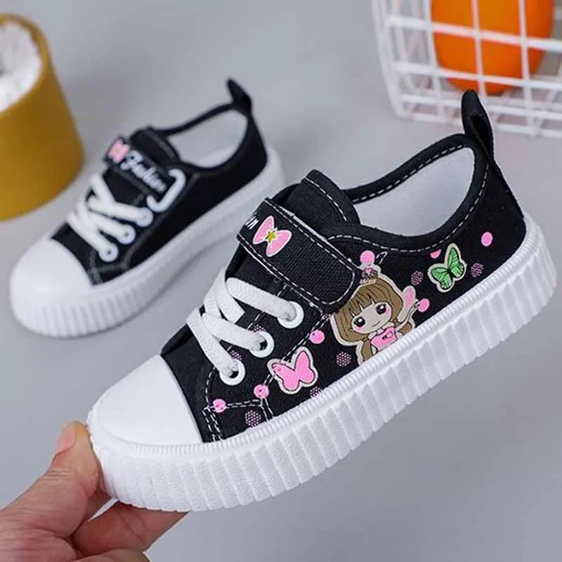 Children's Cute Cartoon Canvas Shoes Girls' Flat Bottomed Casual Sports Shoes Students Lightweight Running Board Shoes Sneakers