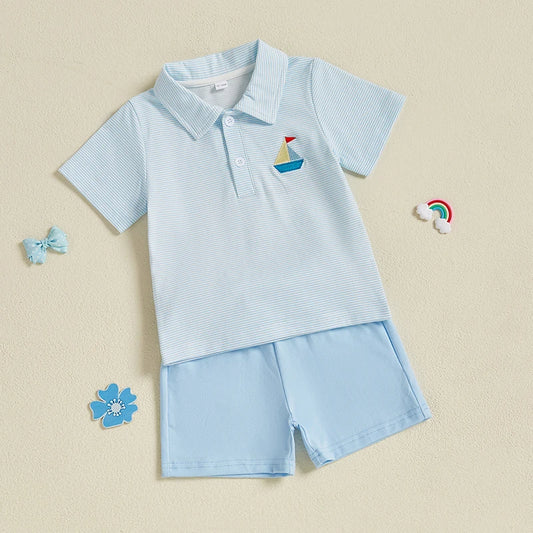 Boys Summer Outfit Sets with Short Sleeve Lapel Sailboat Embroidery Tops and Solid Color Shorts - Stylish and Comfortable
