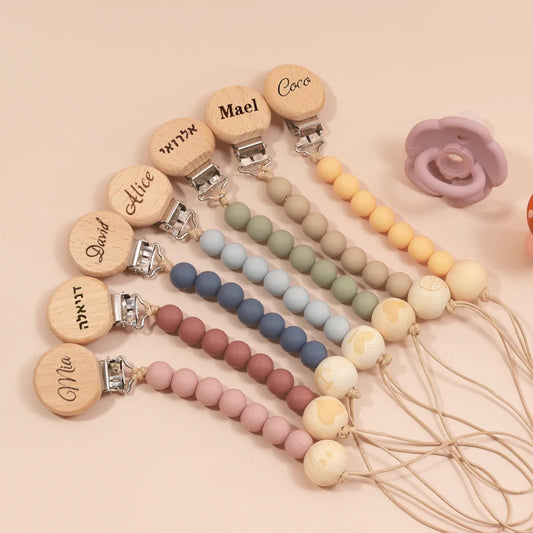 Personalized Baby Pacifier Clip Custom Name Silicone Bead Nipple Dummy Clips Engraved Infant Wood Pacifier Holder Newborn Gift