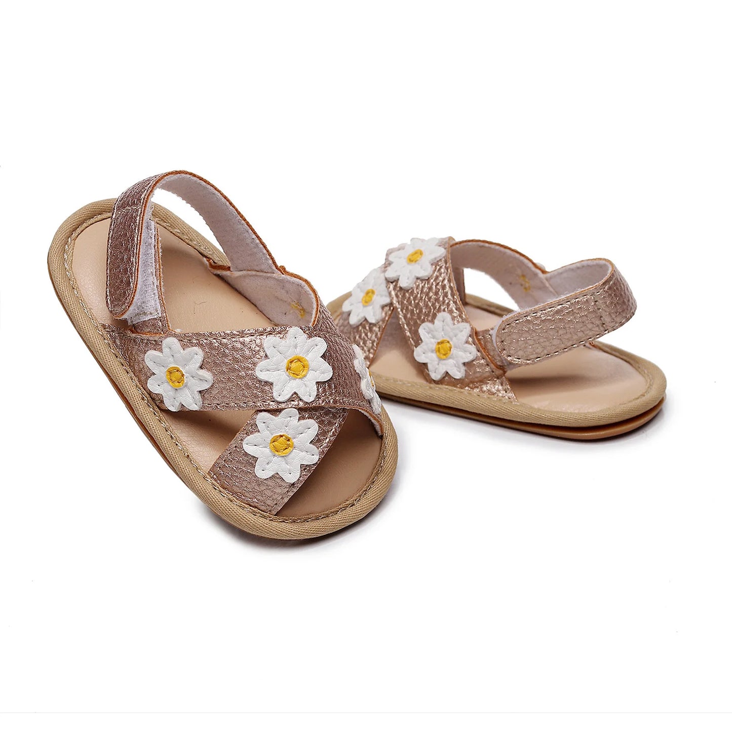 Baby Girls Anti-slip Flat Shoes, Floral Applique Pattern Soft Sole Sandals, White/ Golden/ Pink