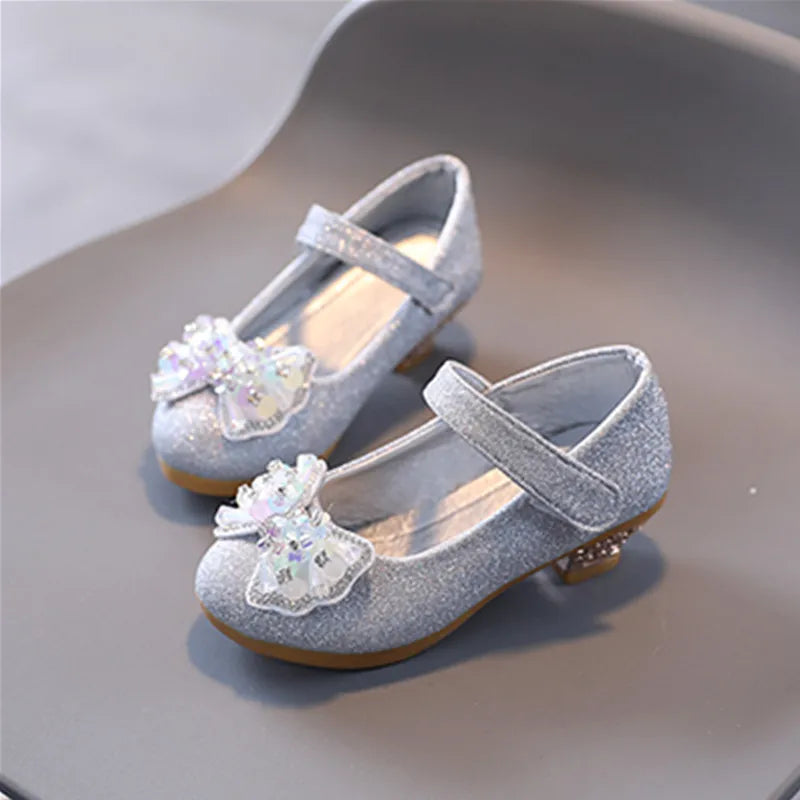 Children's Leather Shoes Spring Autumn Versatile Girls High Heels for Princess Party Fashion Sweet Bowtie Kid Causal Dress Shoes
