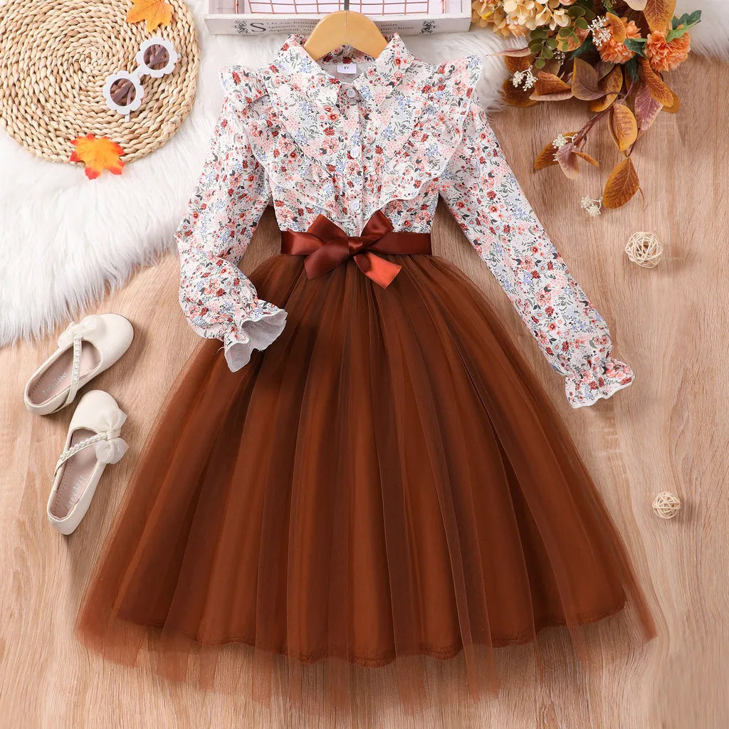 Kids Girls Dress Summer Long Sleeve Floral Gauze Belt Children Dress Casual Sweet Elegant Teen Princess Dress 7 8 9 10 11 12 Yrs