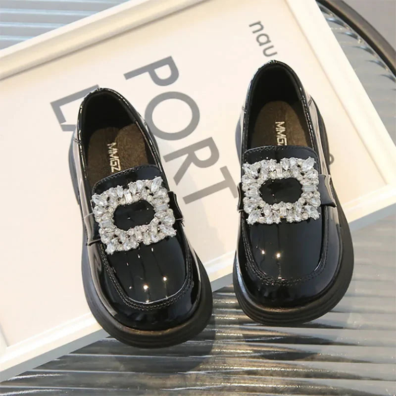 Girls Square Rhinestone Loafers Patent Leather Slip-on Shoes for Children British Black Loafers Platform Oxford Shoes Kids Flats