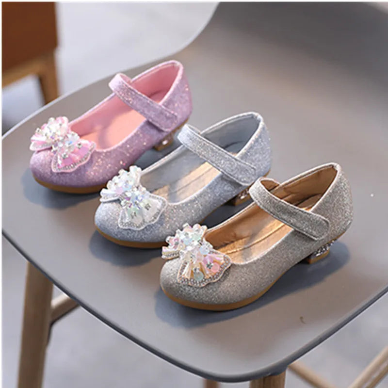 Children's Leather Shoes Spring Autumn Versatile Girls High Heels for Princess Party Fashion Sweet Bowtie Kid Causal Dress Shoes