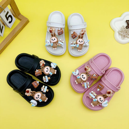 Fashion Popular Cartoon Coffee Slippers New Double Color Block Flats Bottom Boys and Girls Non-Slip Soft Bottom Sandals 811