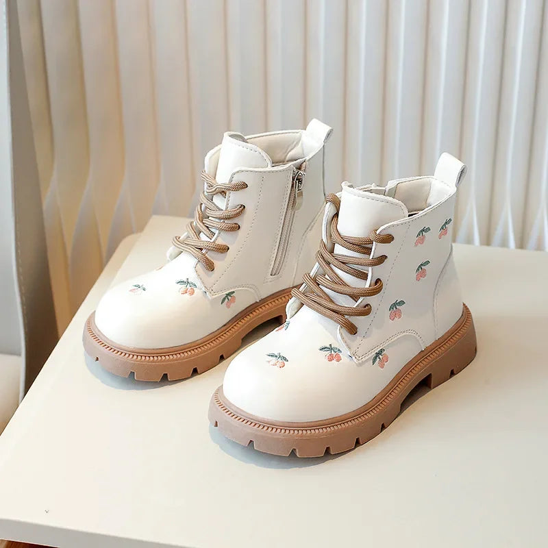 Girls' Fashion Ankle Boots – Embroidered Leather Spring/Autumn Boots for Kids, Casual and Versatile Princess-Style Footwear