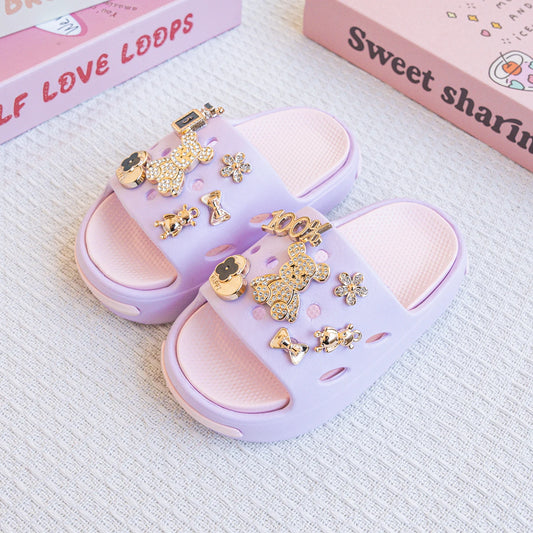 New Popular Cartoon Gold Diamond Bear Versatile Eva Slippers for Boys and Girls, Fashionable Double-Piece Soft-Soled Non-Slip Sa