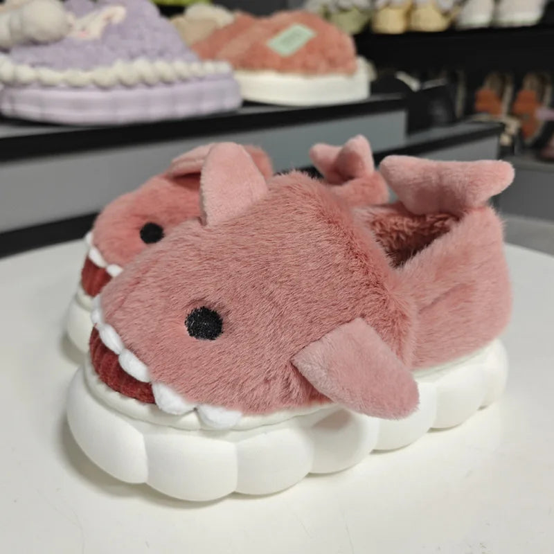 Winter Wrap Heels Plush Slippers Children's Cute Cartoon Shark Non-slip Soft Sole Kids Boys Girls Junior Warm Home Cotton Shoes