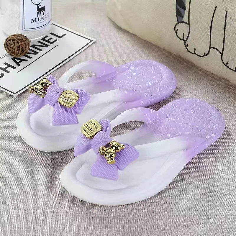 2024 Summer Baby Girls Slippers Children PVC Cartoon Bow Bear Print Flips Flops Beachwear Outdoor Non-slip Kids Shoes Size 24-35