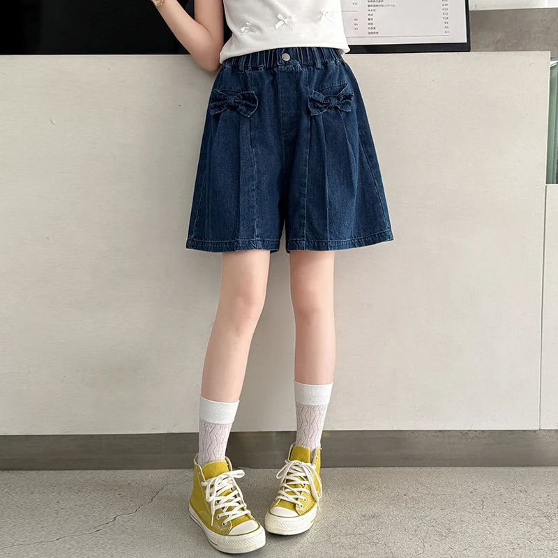 Girls' summer versatile Hanjing color bow shorts 2025 new summer thin fashion jeans casual sports shorts 5-15 years old