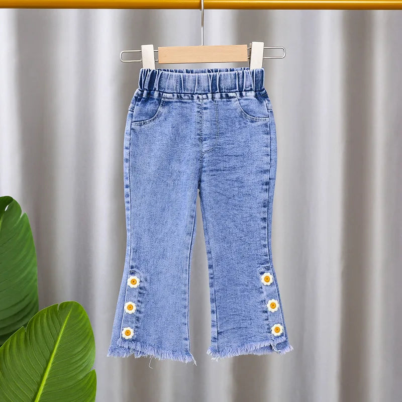 2024 New Spring and Autumn Children's Jeans Fashion Girls Korean Bow Horn Jeans Infant Stretch Pants 0-5 Years Old