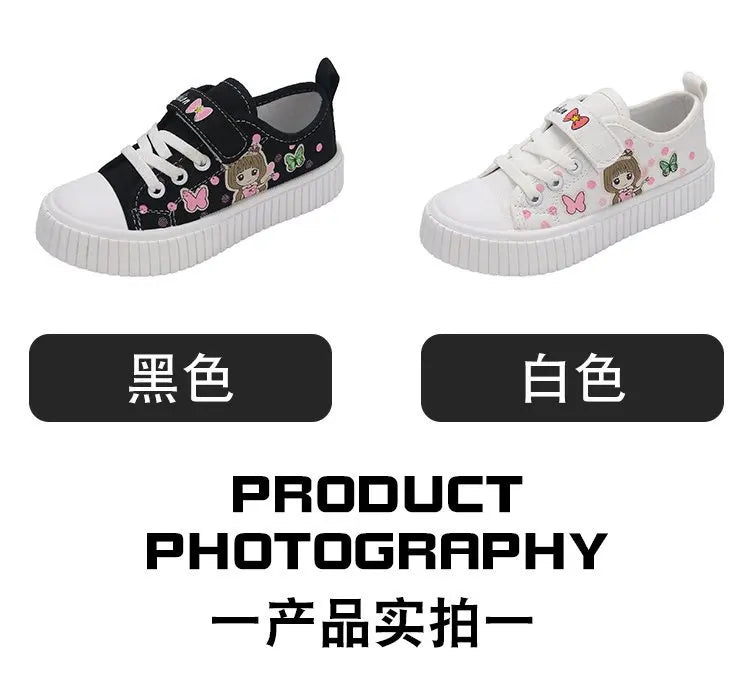 Children's Cute Cartoon Canvas Shoes Girls' Flat Bottomed Casual Sports Shoes Students Lightweight Running Board Shoes Sneakers