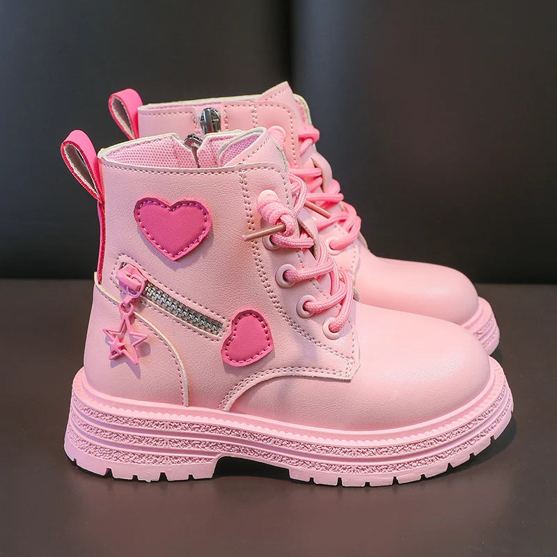 Girls' Fashion Rubber Boots – Autumn/Winter PU Round-Toe Boots with Soft Cotton Lining, Side Zip, and Heart Detail in Pink