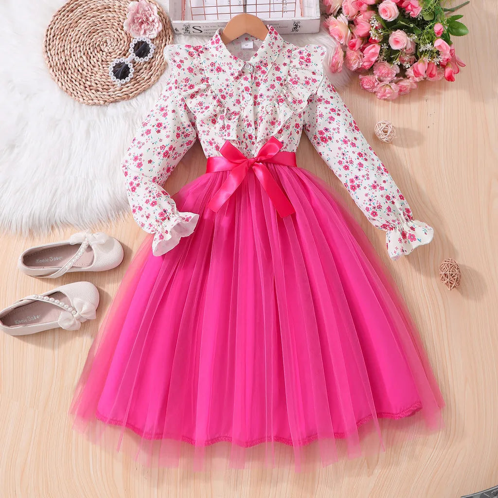 Kids Girls Dress Summer Long Sleeve Floral Gauze Belt Children Dress Casual Sweet Elegant Teen Princess Dress 7 8 9 10 11 12 Yrs