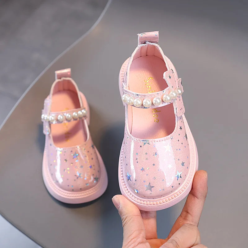 Girl Princess Shoes Spring and Autumn New Pearl Rhinester Girl Black Leather Shoes Show Shoes Kids Single Shoes Glass Slippers