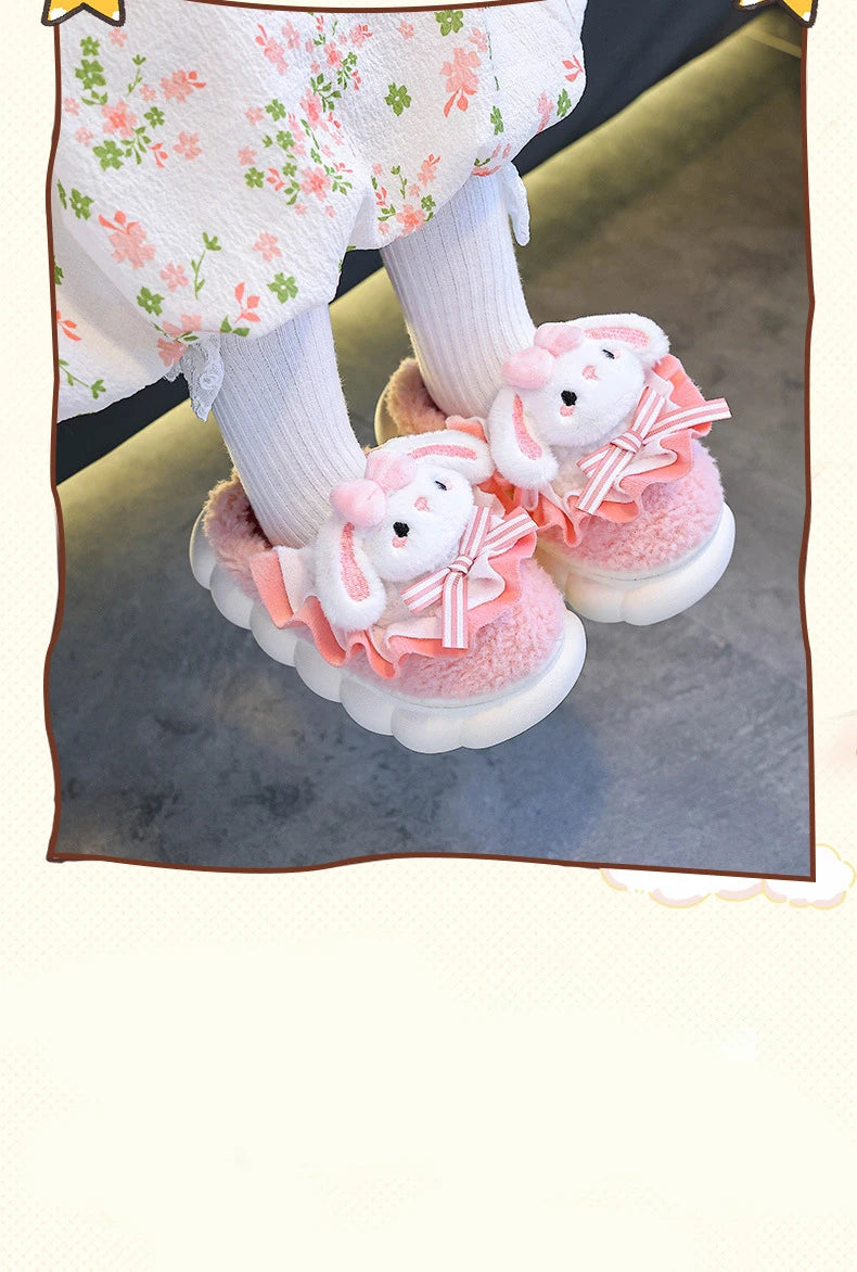 2024 New Winter Children's Cotton Slippers - Cute and Warm Fleece Rabbit Fur Baby's Home Cotton Slippers for Girls
