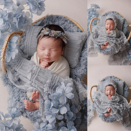 Newborn Wrap Photography White Cotton Stretch Wrapping Lace Hat Pillow Feather Mat Photo Props Artificial Flower Decoration Prop