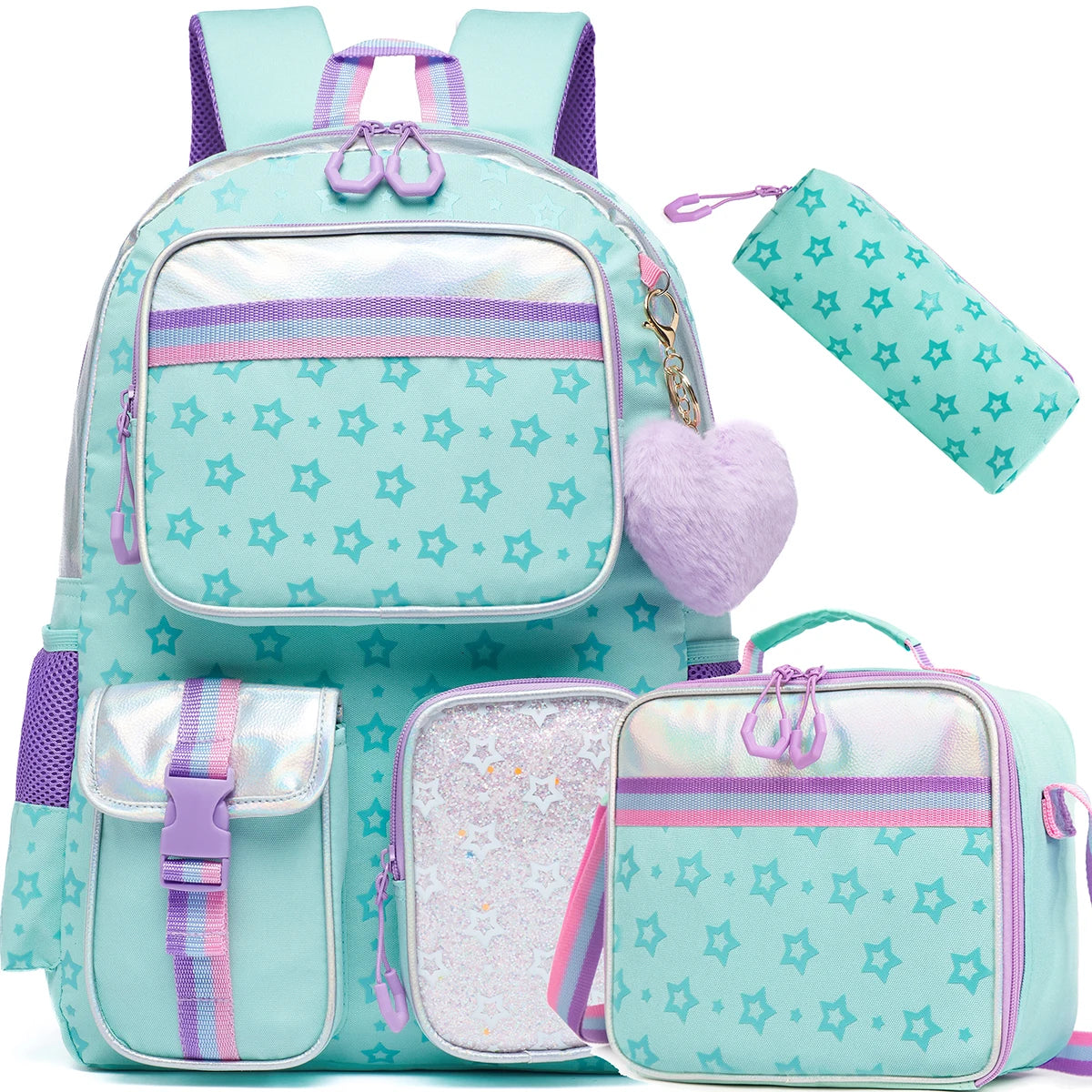 Girls' Macaron Color-Block School Backpack – Large-Capacity, Premium Bag with Rainbow Zipper for Kids and Teens