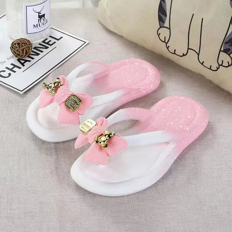 2024 Summer Baby Girls Slippers Children PVC Cartoon Bow Bear Print Flips Flops Beachwear Outdoor Non-slip Kids Shoes Size 24-35