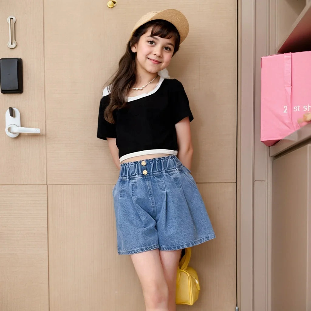 Girls shorts fashionable and versatile medium and large children's slimming nail button  waist wide-leg pants casual and fashion