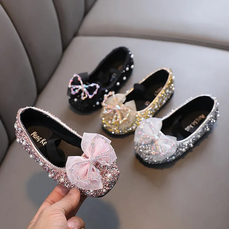 Spring Children's Lace Bow Princess Shoes Girls Bling Sequins Leather Shoes Anti-slippery New Kids Beaded Wedding Shoes G06142