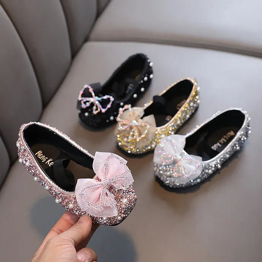 Spring Children's Lace Bow Princess Shoes Girls Bling Sequins Leather Shoes Anti-slippery New Kids Beaded Wedding Shoes G06142