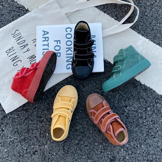 OPOE2023 Spring and Autumn New Korean Version Solid Color Velcro High Top Corduroy Children's Canvas Shoes for Men and Wome2156