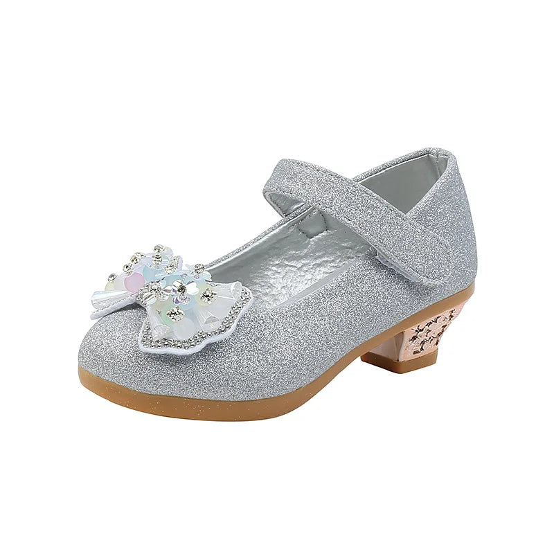 Children's Leather Shoes Spring Autumn Versatile Girls High Heels for Princess Party Fashion Sweet Bowtie Kid Causal Dress Shoes