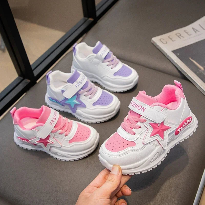 Girls Sports Shoes Princess Style Sweet Stars Kids Sneakers Thick Soft Sole 2025 New Fashion Children Running Shoes Hook&loop