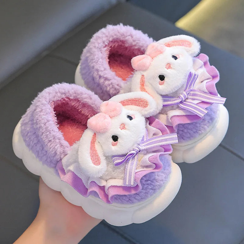 2024 New Winter Children's Cotton Slippers - Cute and Warm Fleece Rabbit Fur Baby's Home Cotton Slippers for Girls