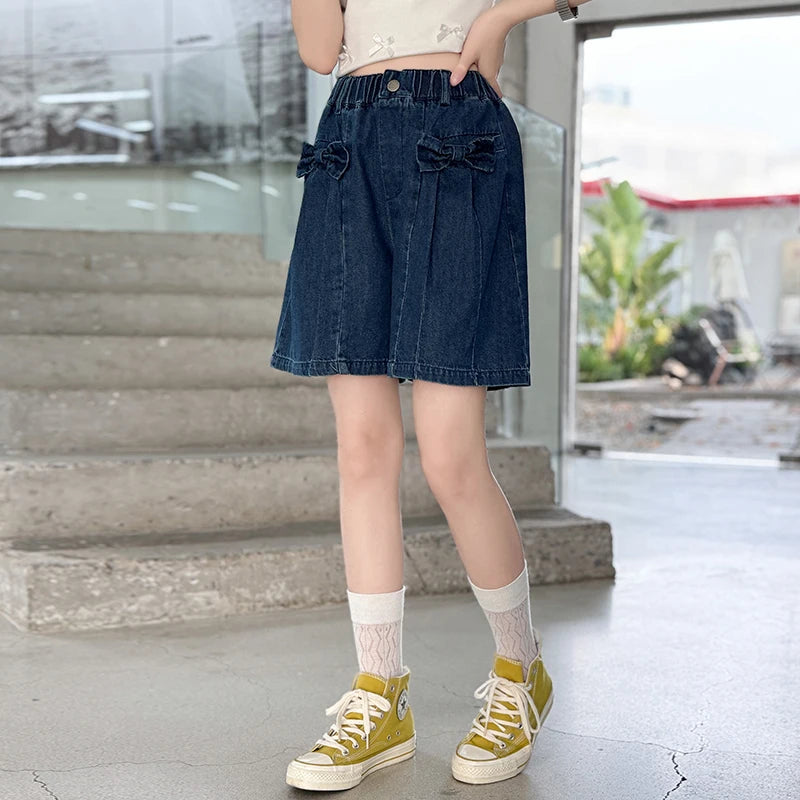 Girls' summer versatile Hanjing color bow shorts 2025 new summer thin fashion jeans casual sports shorts 5-15 years old