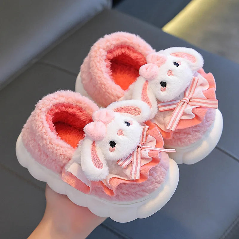 2024 New Winter Children's Cotton Slippers - Cute and Warm Fleece Rabbit Fur Baby's Home Cotton Slippers for Girls
