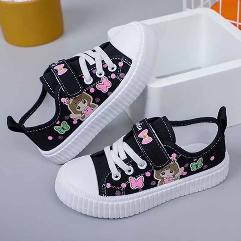 Children's Cute Cartoon Canvas Shoes Girls' Flat Bottomed Casual Sports Shoes Students Lightweight Running Board Shoes Sneakers