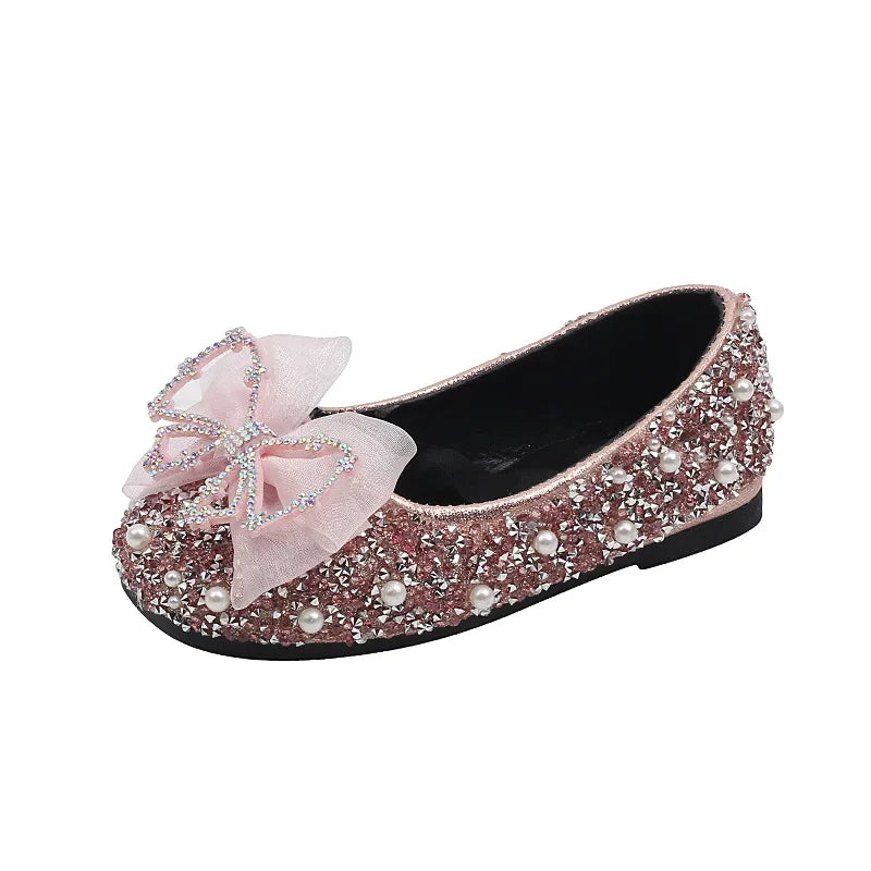 Spring Children's Lace Bow Princess Shoes Girls Bling Sequins Leather Shoes Anti-slippery New Kids Beaded Wedding Shoes G06142
