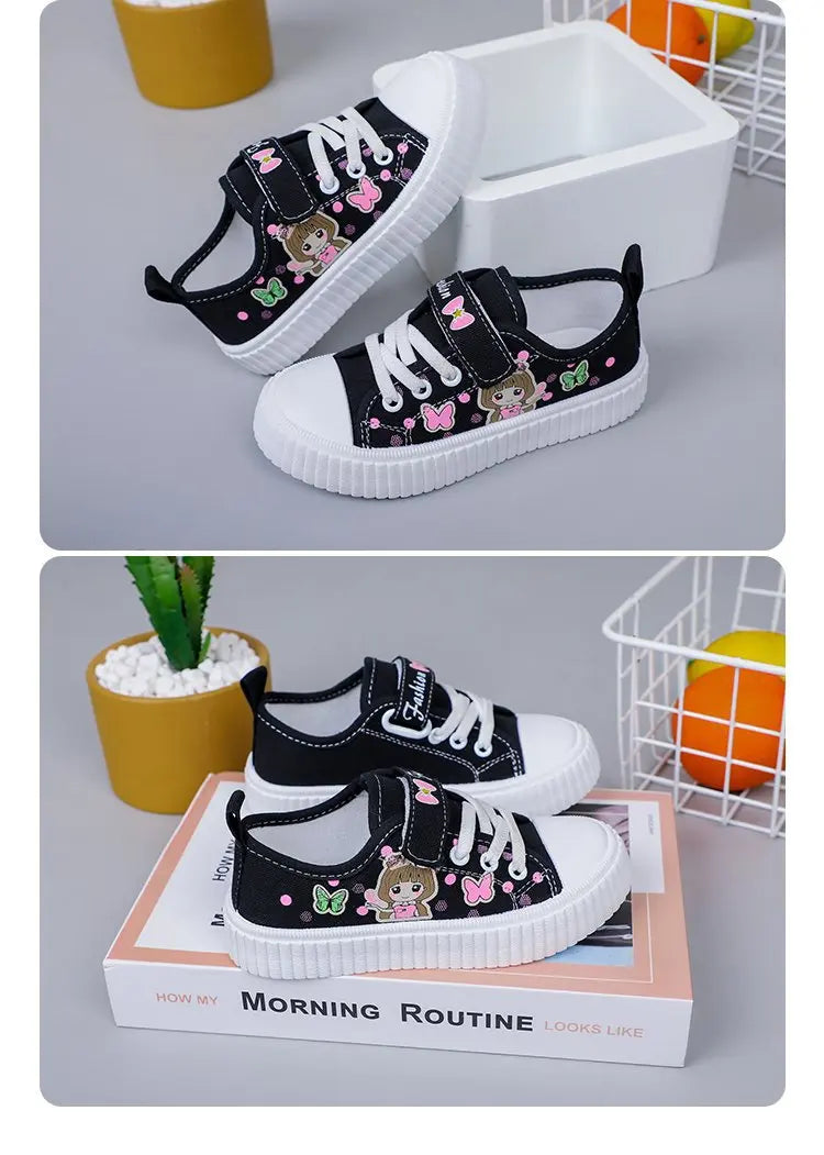 Children's Cute Cartoon Canvas Shoes Girls' Flat Bottomed Casual Sports Shoes Students Lightweight Running Board Shoes Sneakers