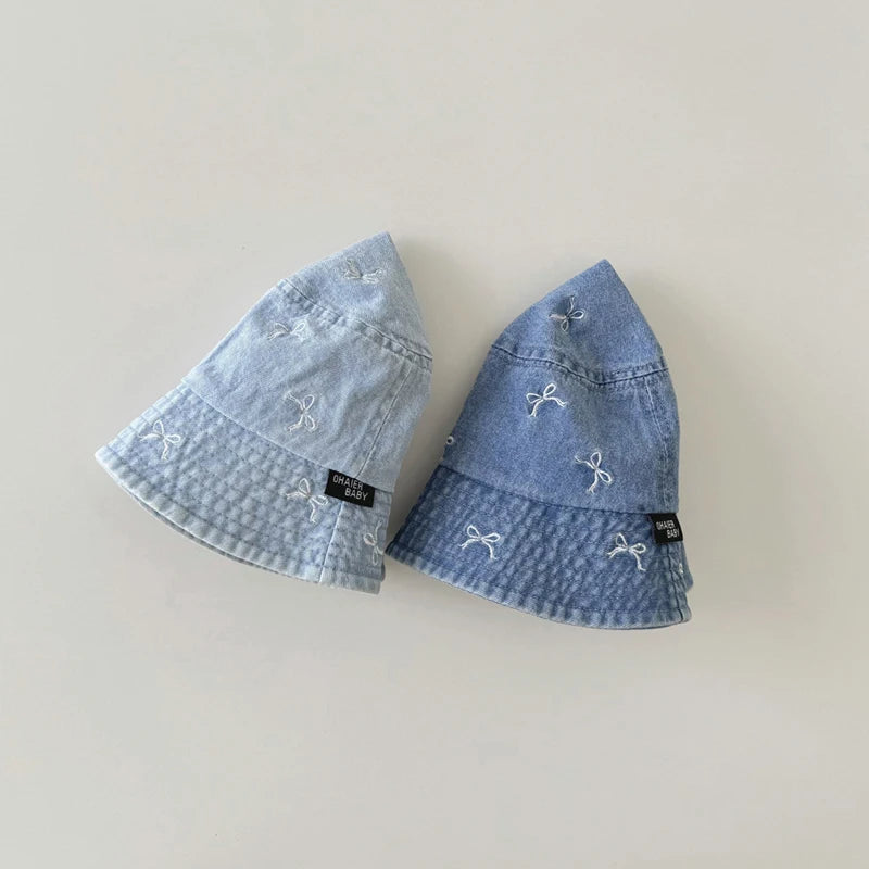 Spring Summer Baby Fisherman Hats Lovely Bow Pattern Kids Boys Girls Outdoor Sun Hat Fashion Denim Children Bucket Caps