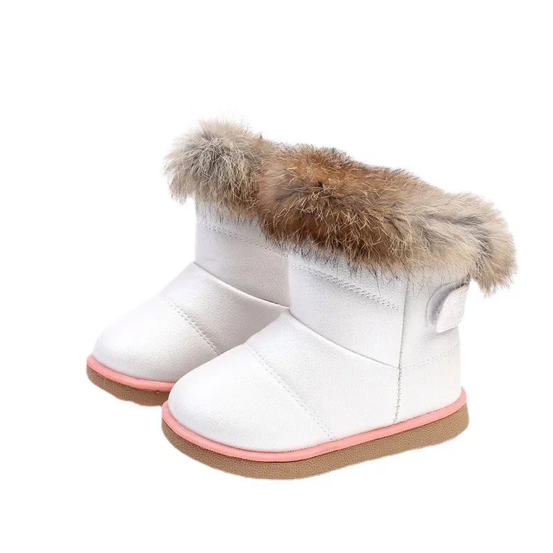 New Winter Baby Girls Boots Casual Warm Rabbit Fur Mid-Calf Boots Shoes Child Slip-On Round Toe Platform Snow Boots Shoes H01259