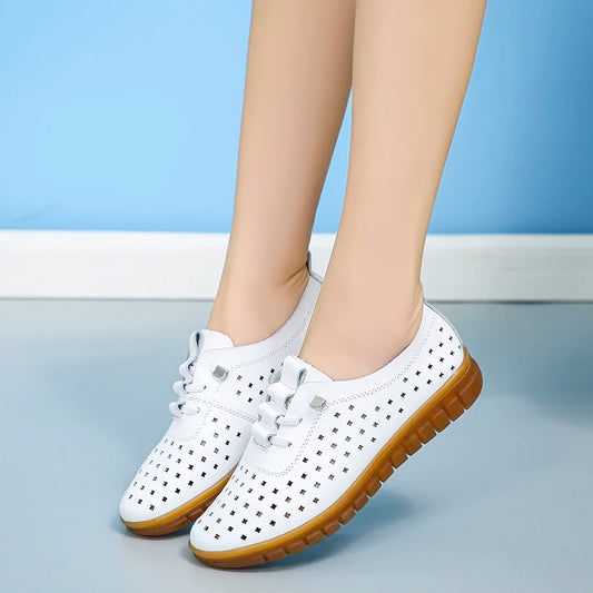 Genuine Leather Summer Loafers Women Casual Shoes Moccasins Soft Pointed Toe Ladies Footwear Women Flats Shoes White