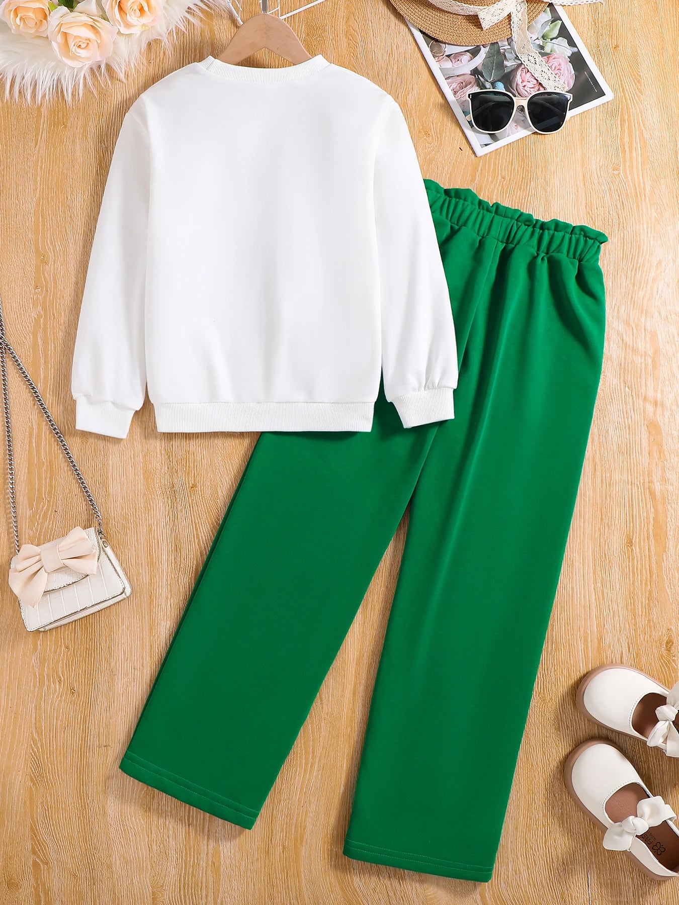 Spring and Autumn girls fashion 2 sets knitted round neck free girl print long sleeve + green slim casual pants suit